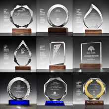 Different Shape Design K9 Clear Crystal Award Wooden Plaque and Crystal Shield Wood Base Trophy